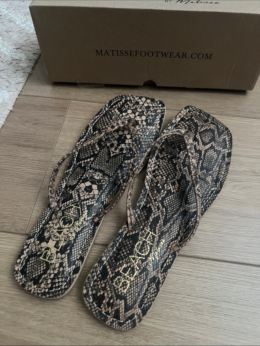 Matisse Black & Brown Snake-Print Square Toe Thong Sandals
